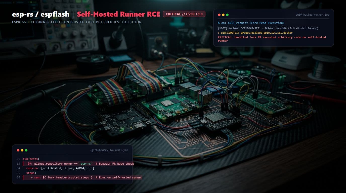 Arbitrary Code Execution on esp-rs/espflash Self-Hosted Runners via Untrusted Fork Pull Requests